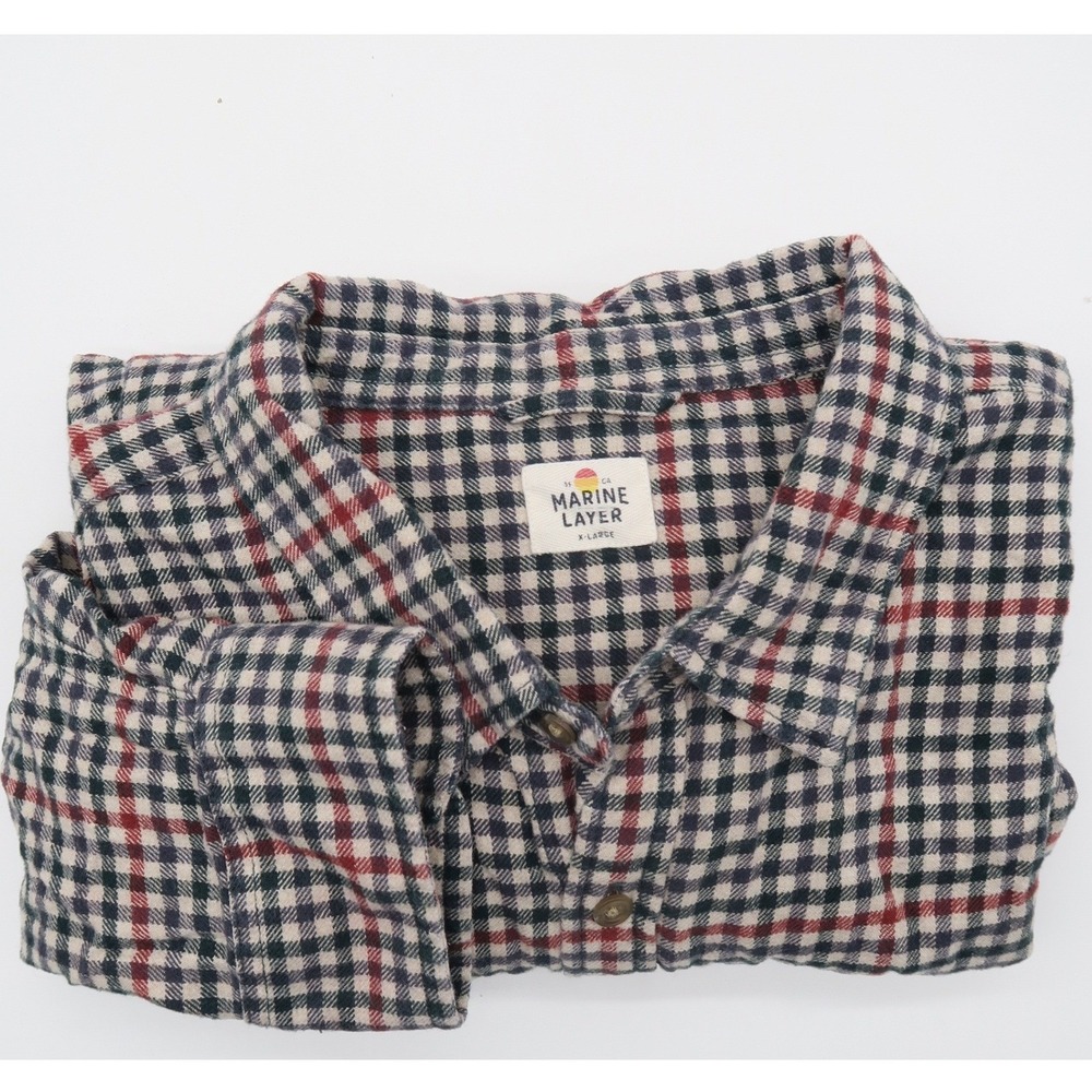 Marine Layer Men XL Plaid Button Down Shirt Cream 100% Cotton Long Sleeve
